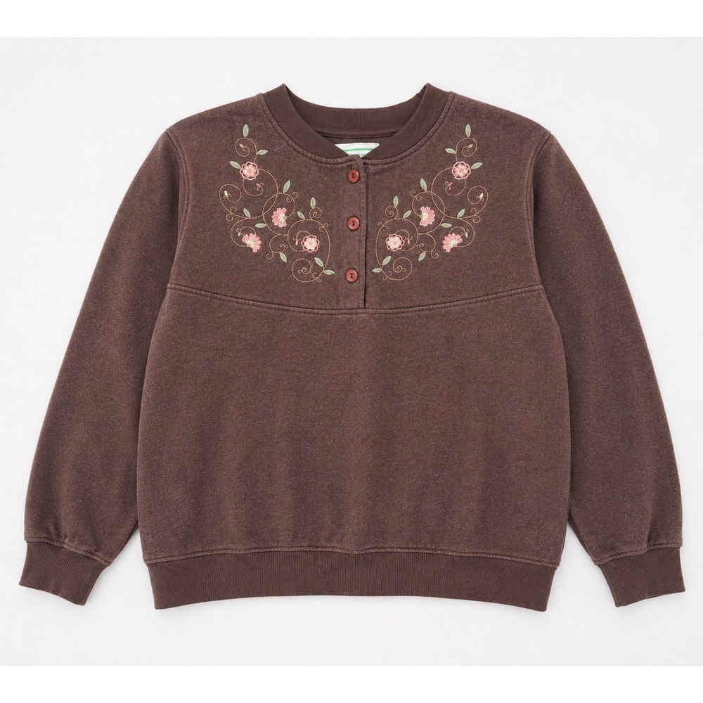 Shenanigans Brown Floral Embroidered Henley Sweatshirt Womens XL Cotton Blend